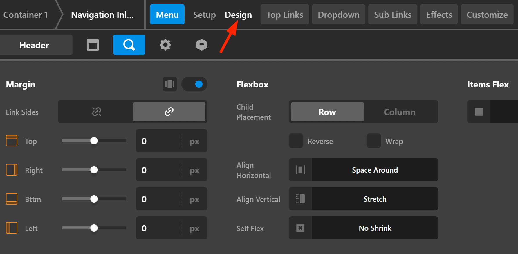 Navigation Inline Design Settings