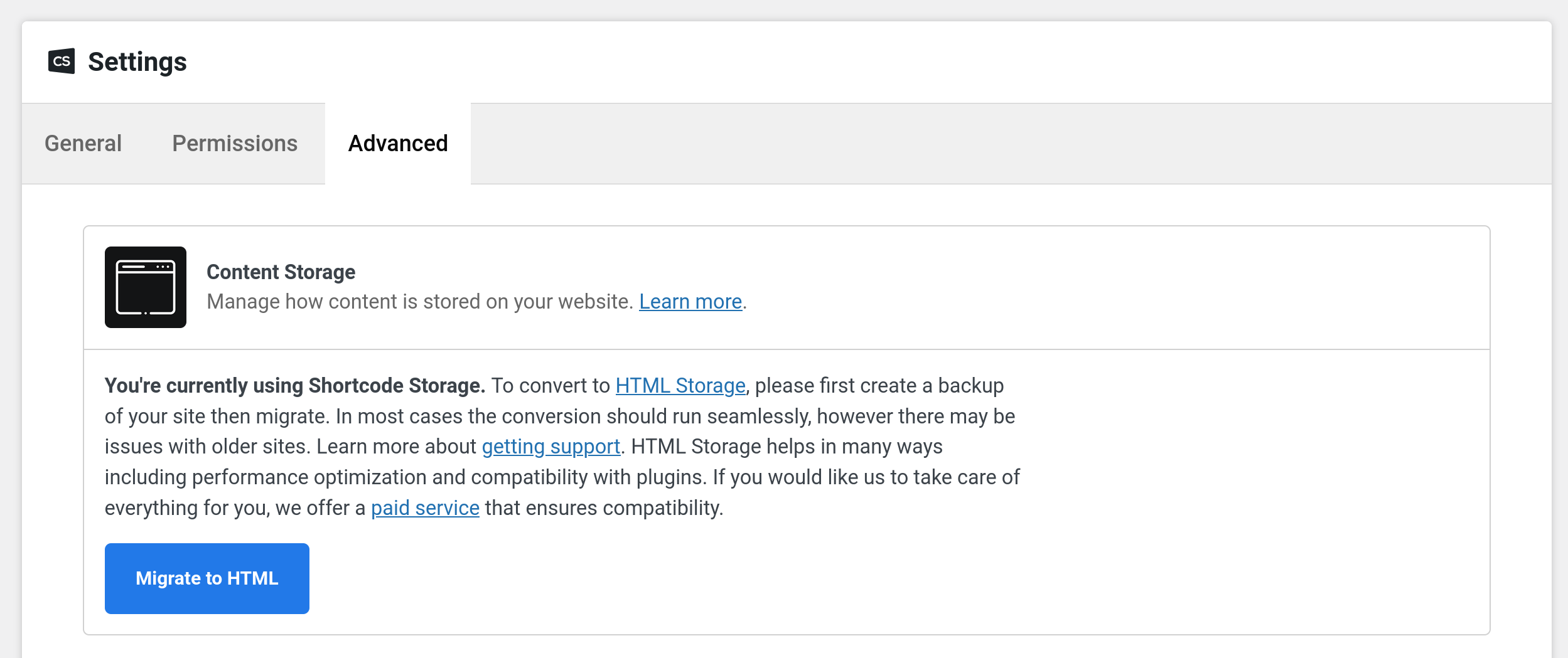 Content Storage Settings