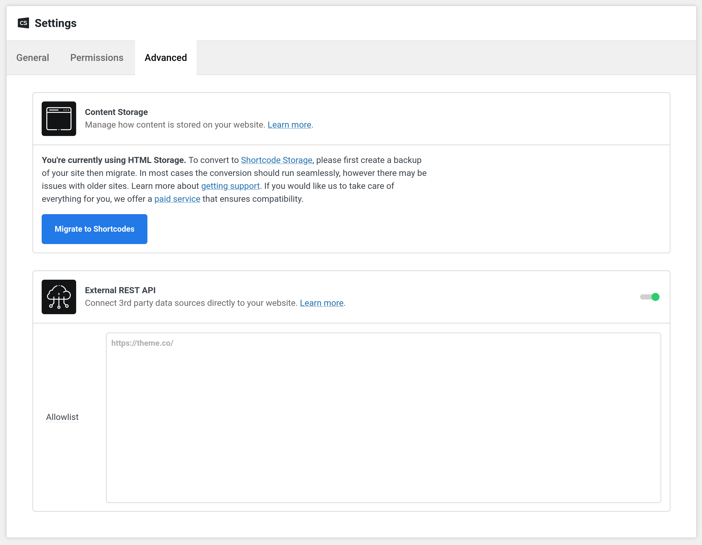 External API Admin Section
