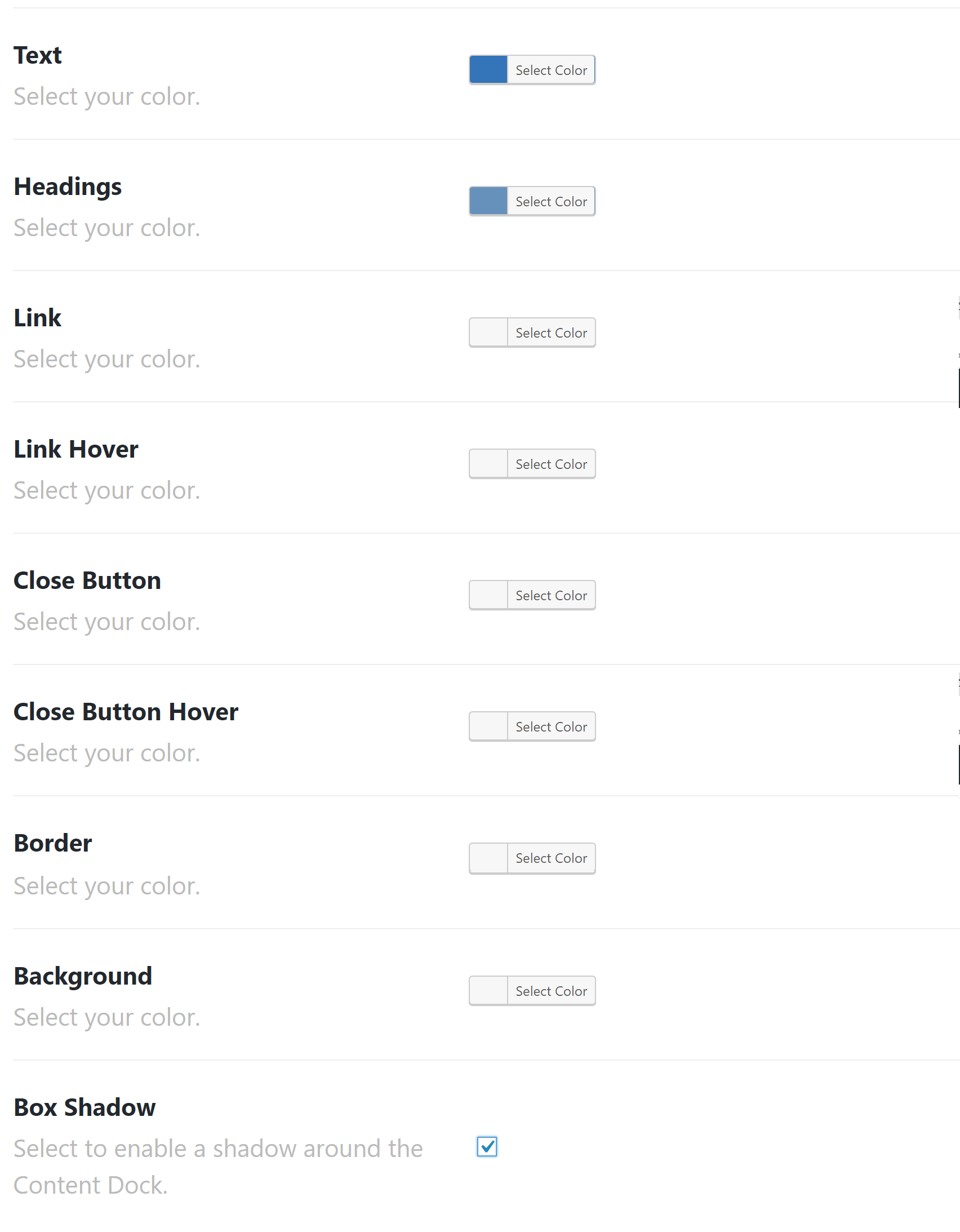 Content Dock Color Settings