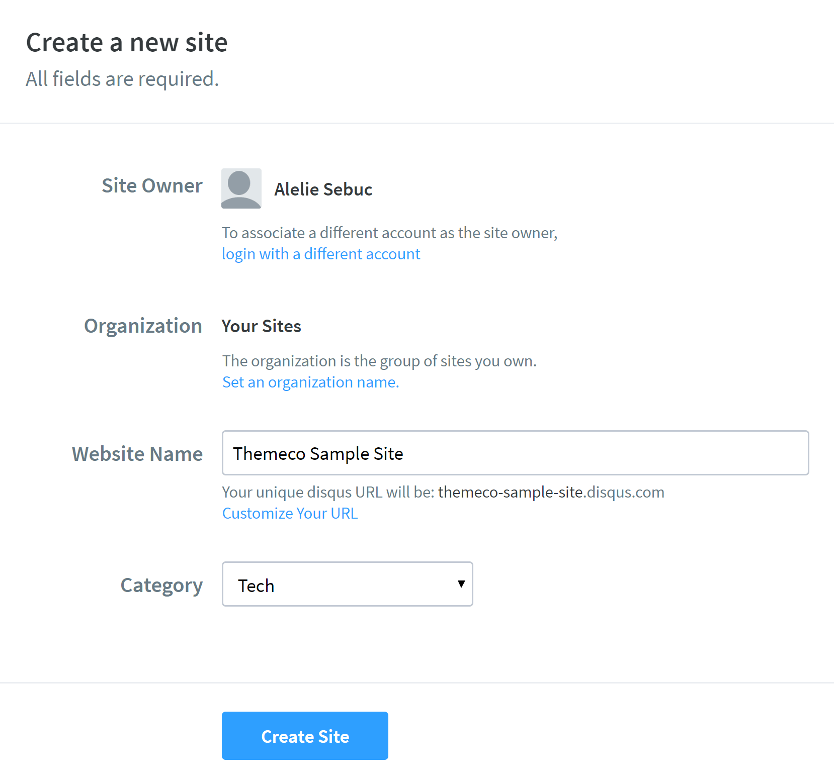 Disqus Create New Site