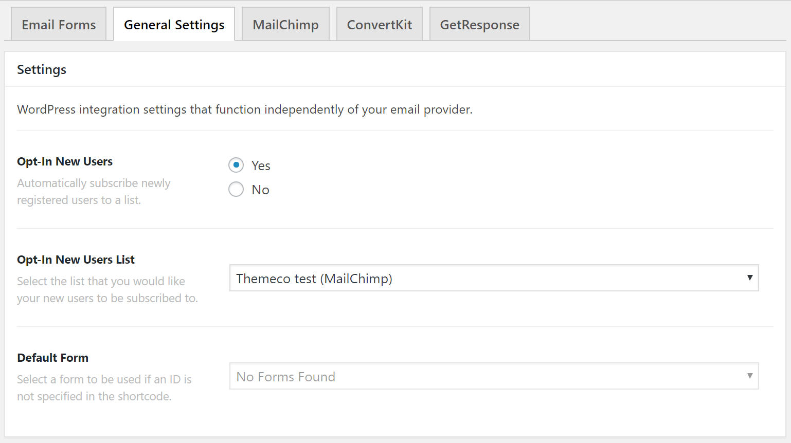 Email Forms General Settings