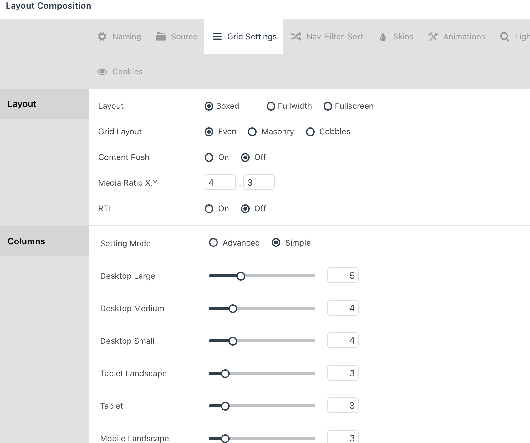 Essential Grid Layout Composer Grid Settings