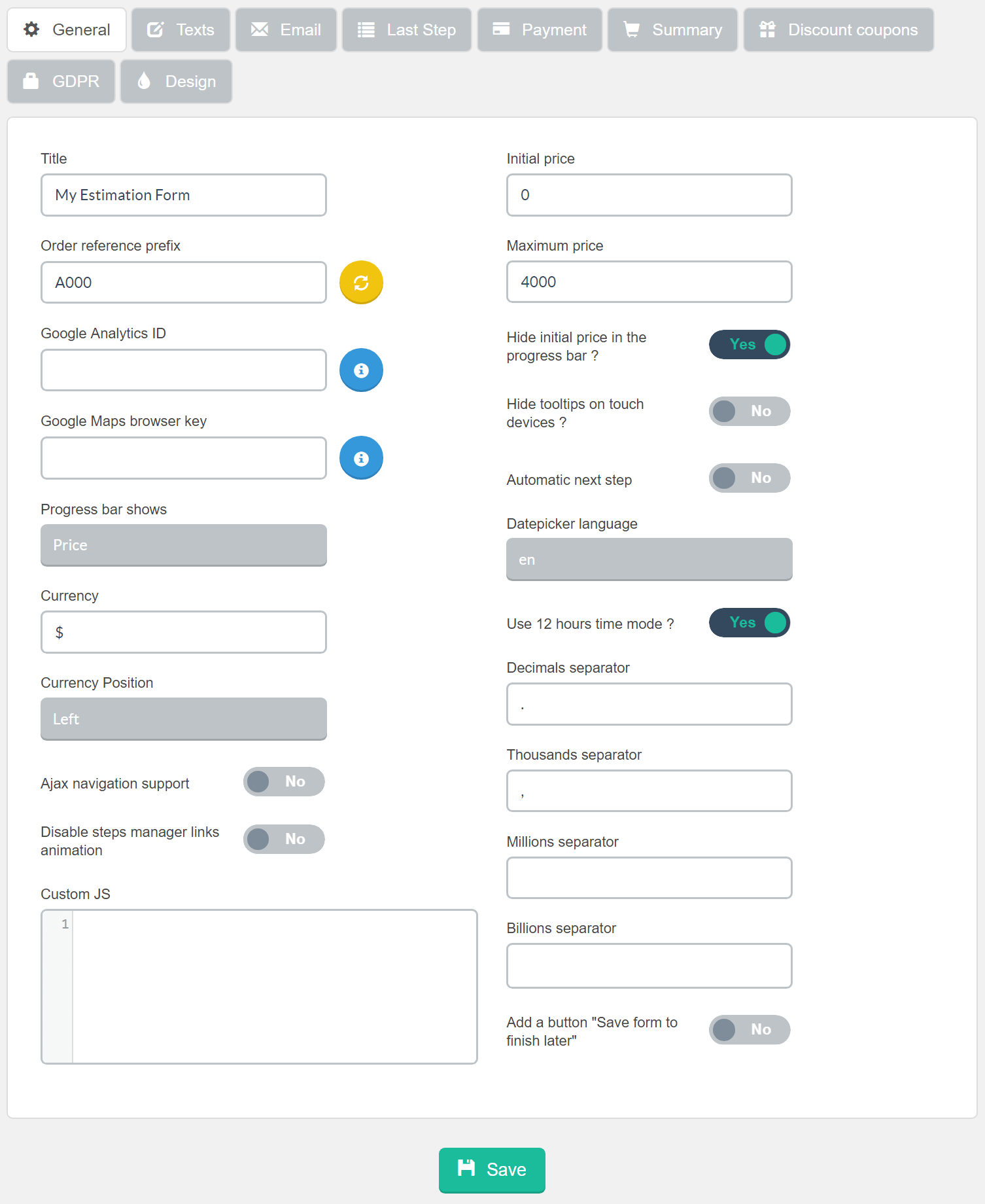 Estimation & Payment Forms Form Settings General