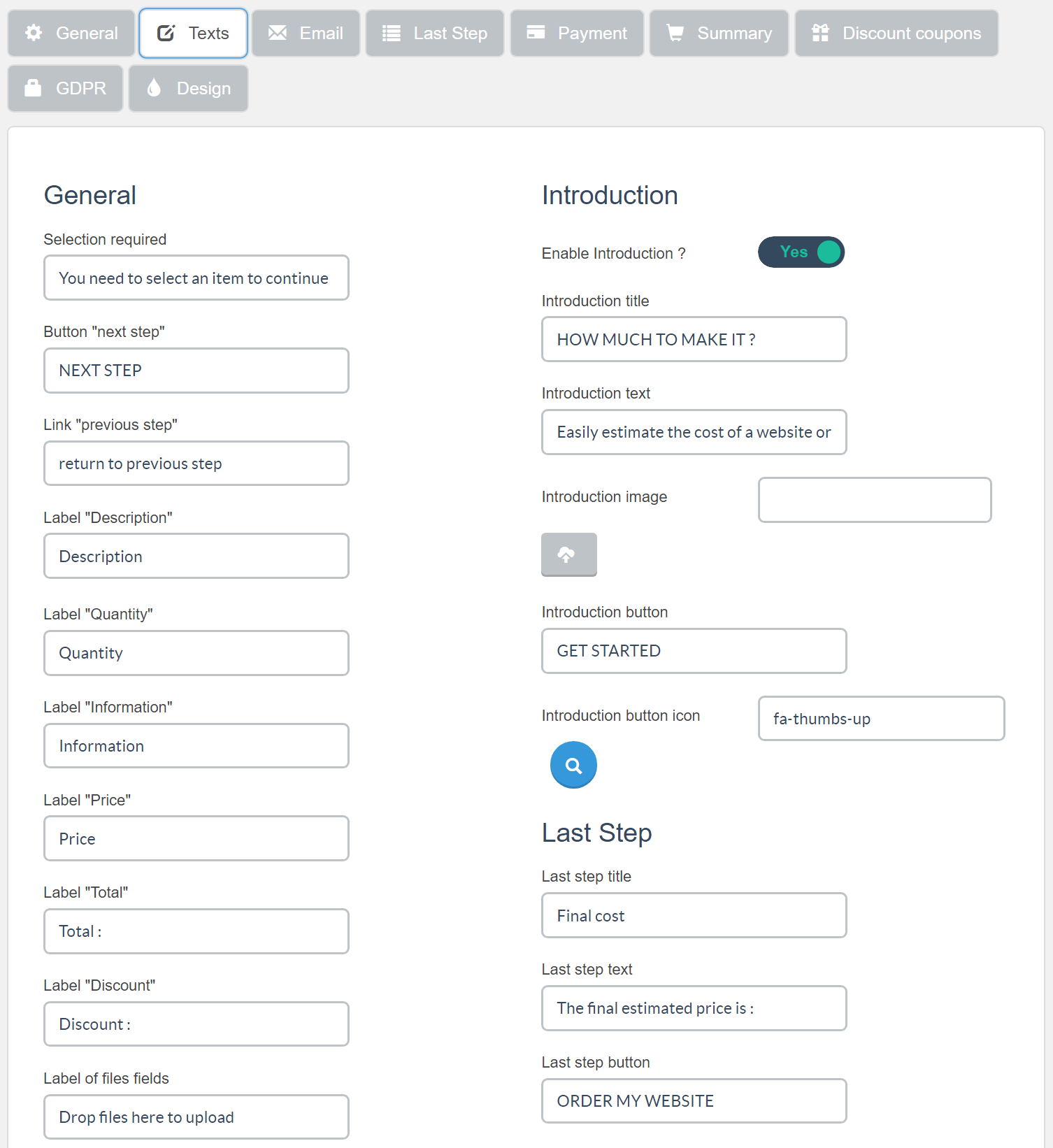 Estimation & Payment Forms Form Settings Texts