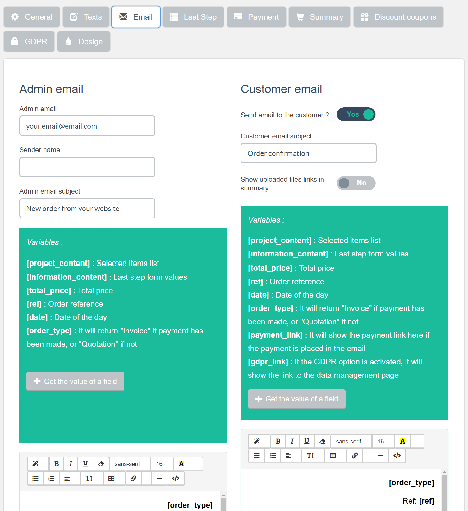 Estimation & Payment Forms Form Settings Email