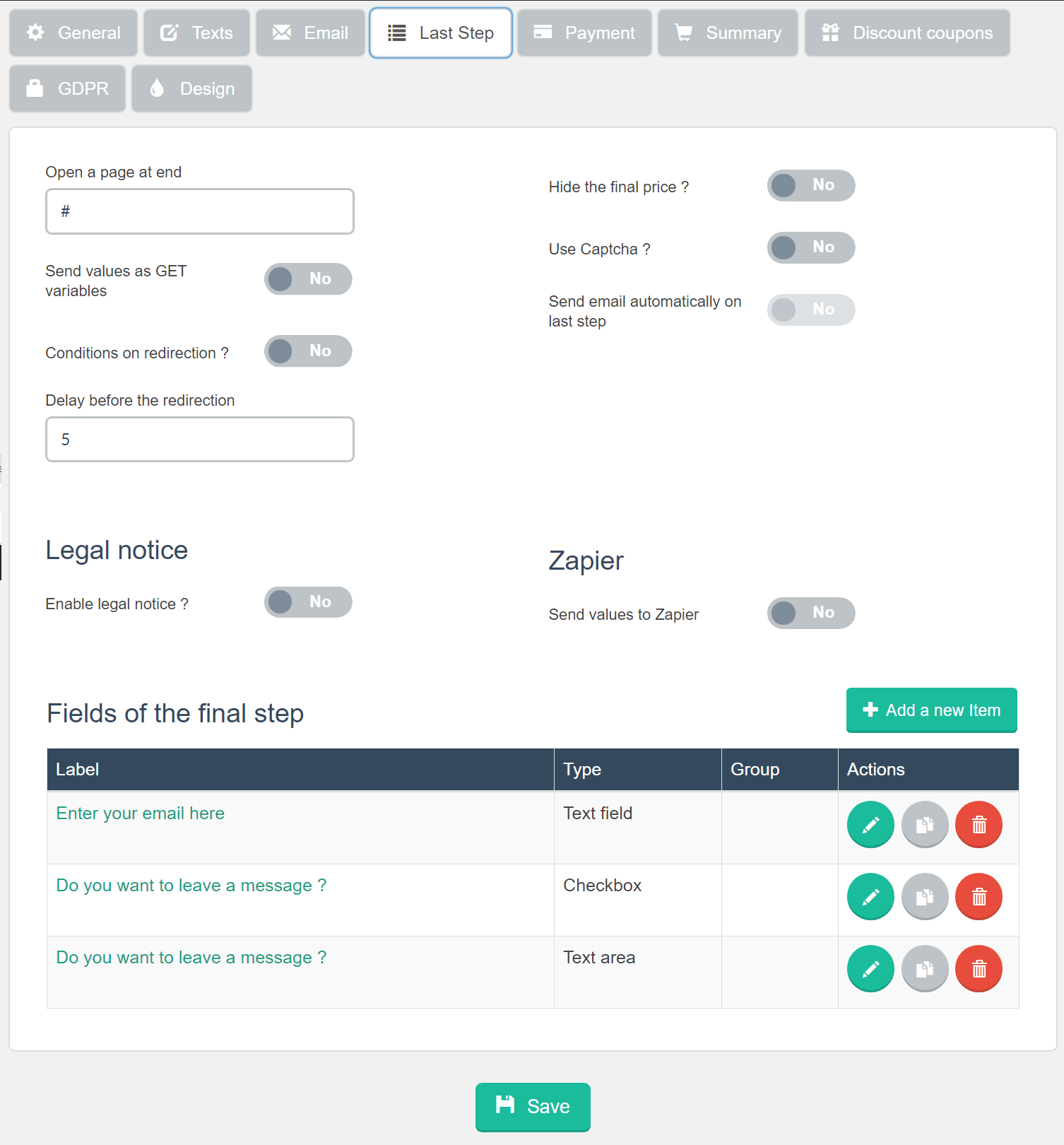 Estimation & Payment Forms Form Settings Last Step