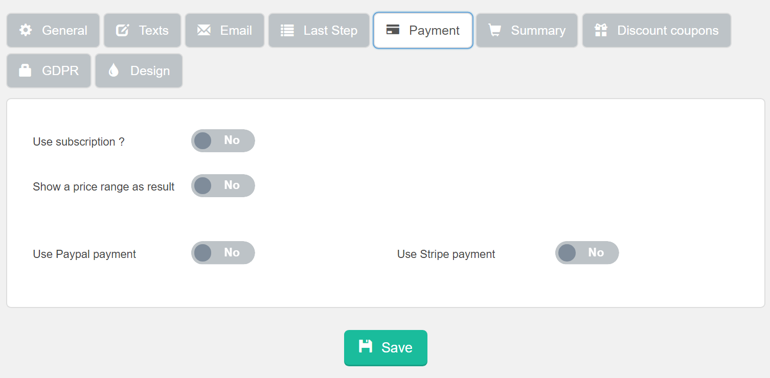 Estimation & Payment Forms Form Settings Payment