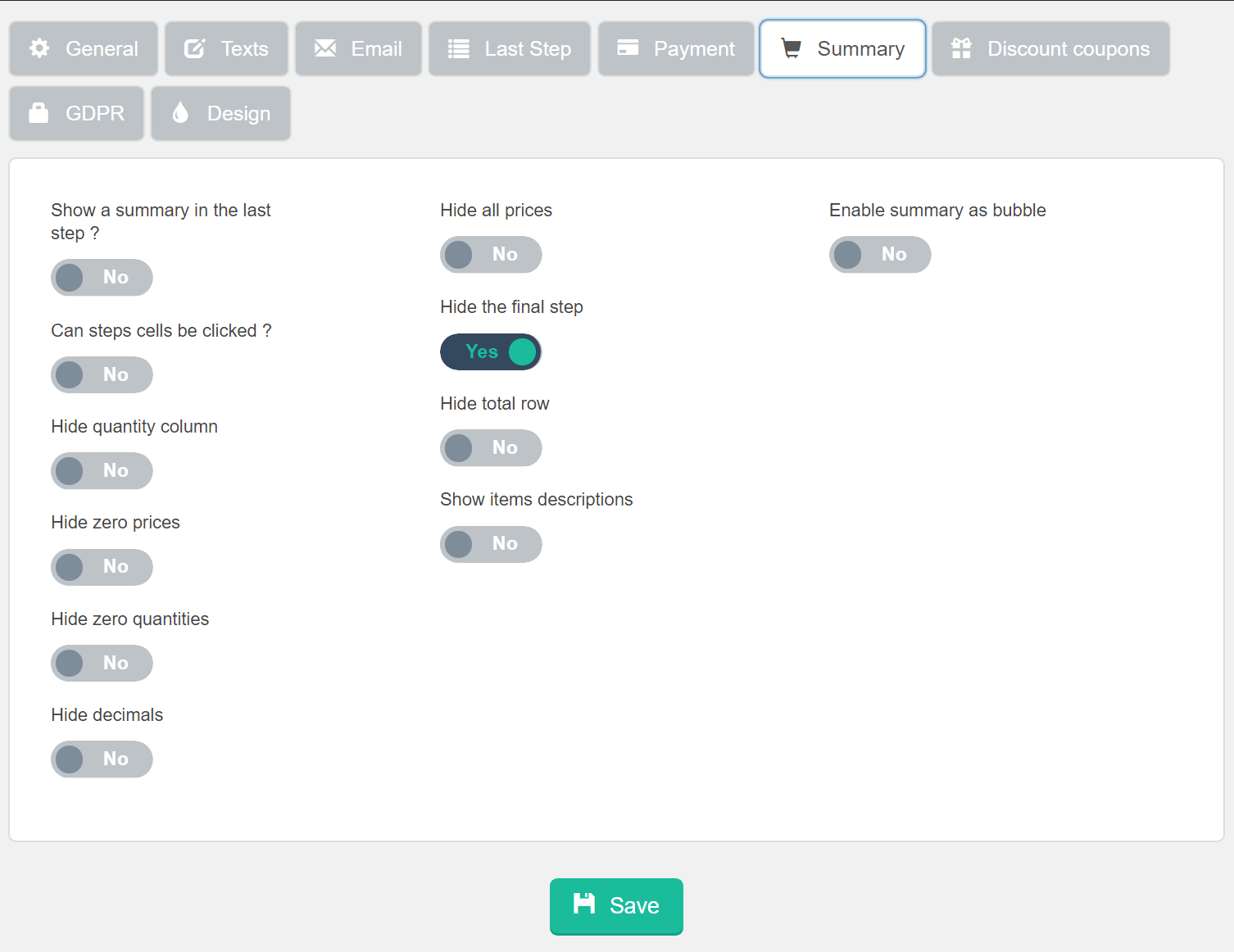 Estimation & Payment Forms Form Settings Summary