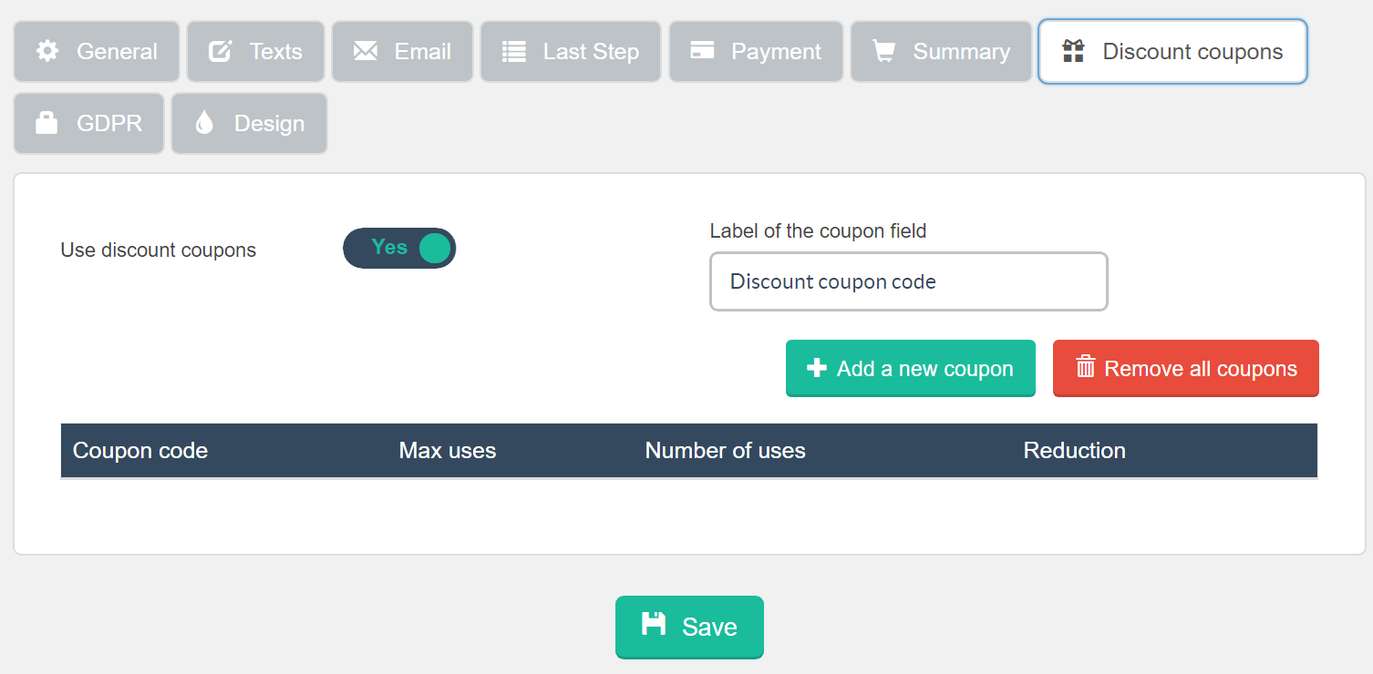 Estimation & Payment Forms Form Settings Discount Coupons