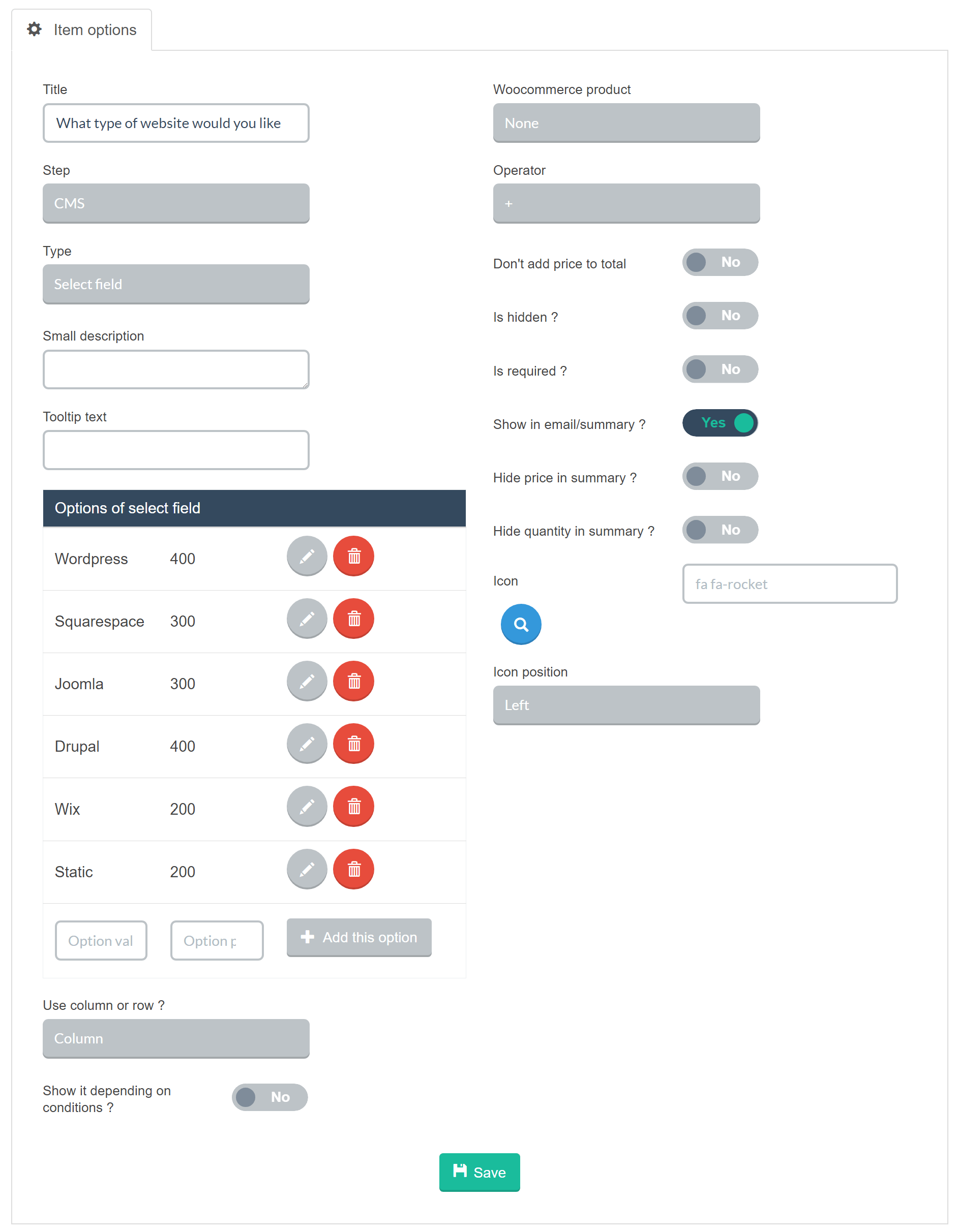 Estimation & Payment Forms Step Item Options