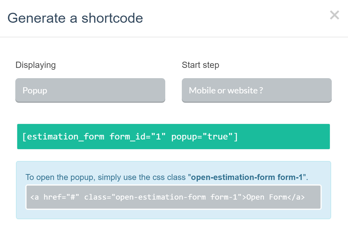 Estimation & Payment Forms Generate Shortcode