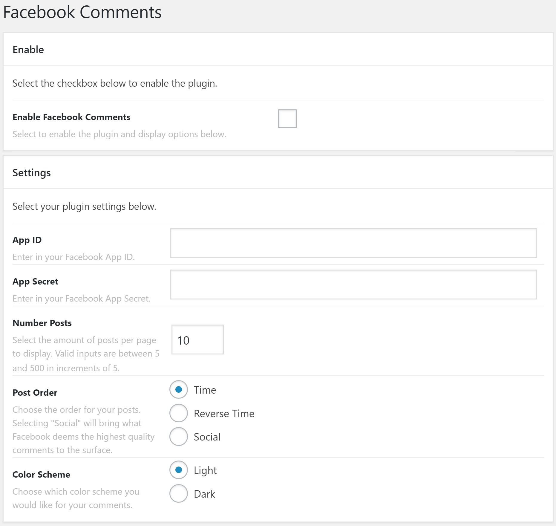 Facebook Comments Settings
