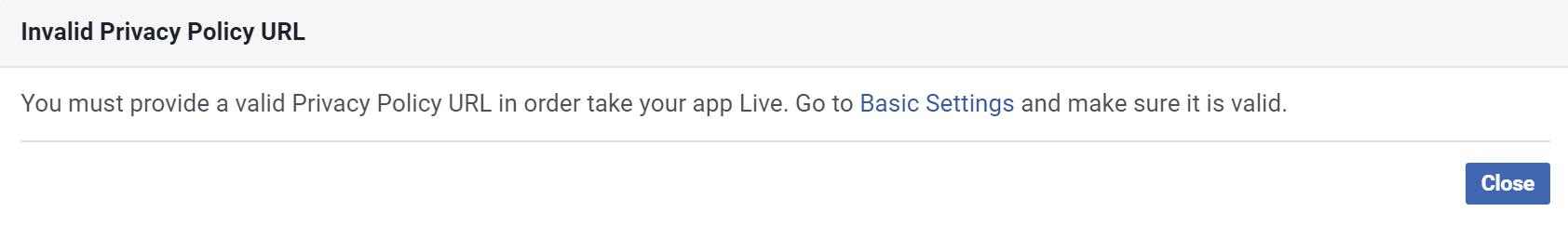 Facebook App Privacy Policy Error