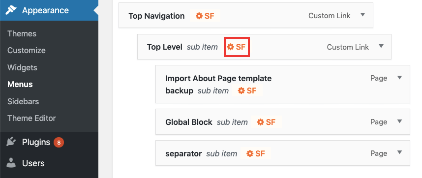 WordPress Appearance Menu
