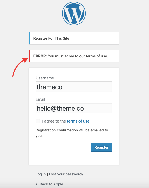 Terms of Use Error Message