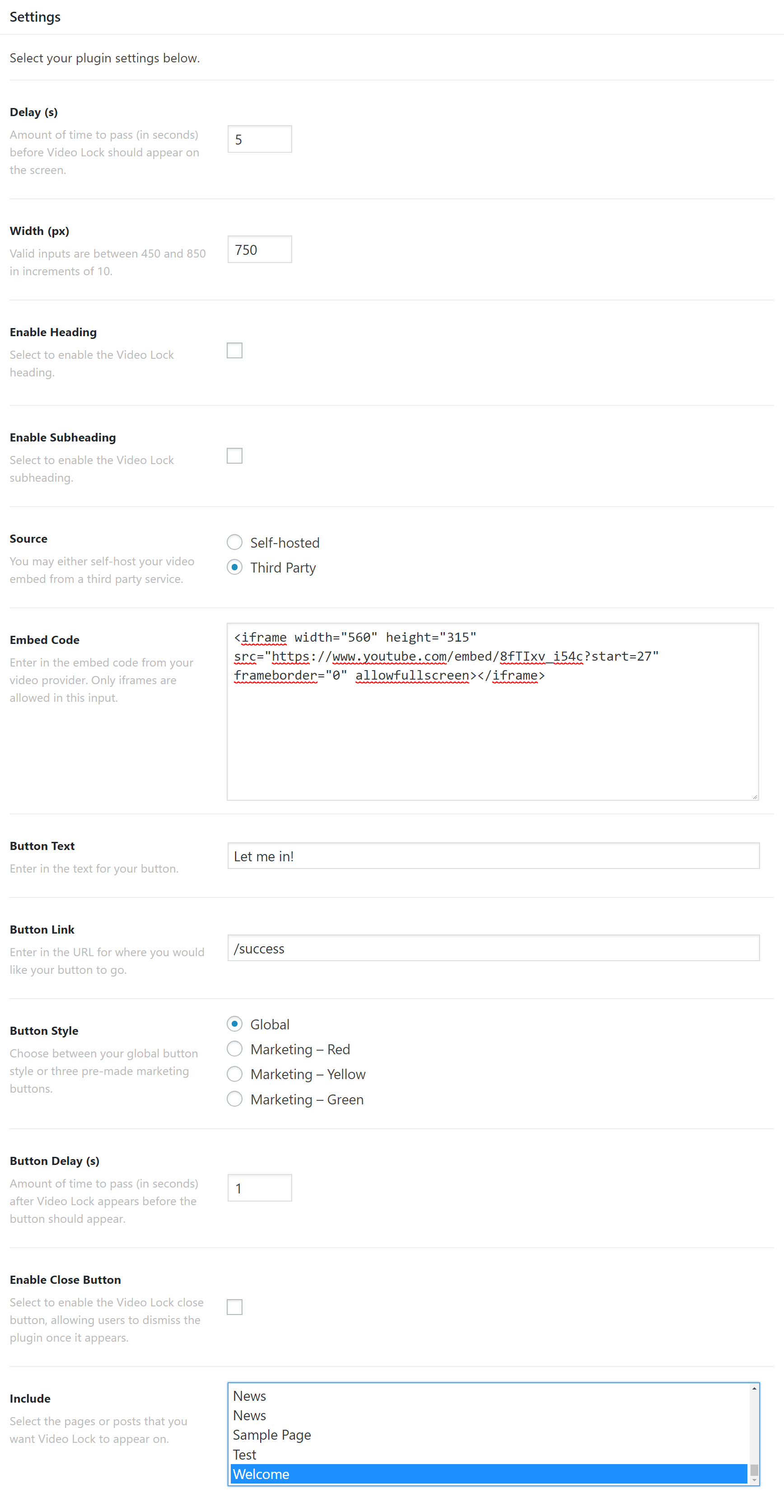 Video Lock Example Settings