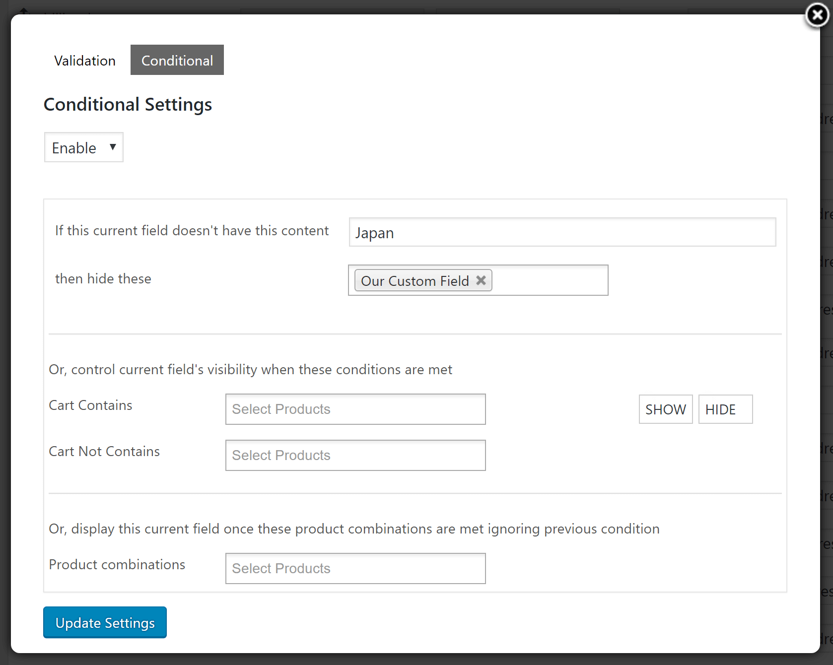 Woo Checkout Editor Conditional Settings