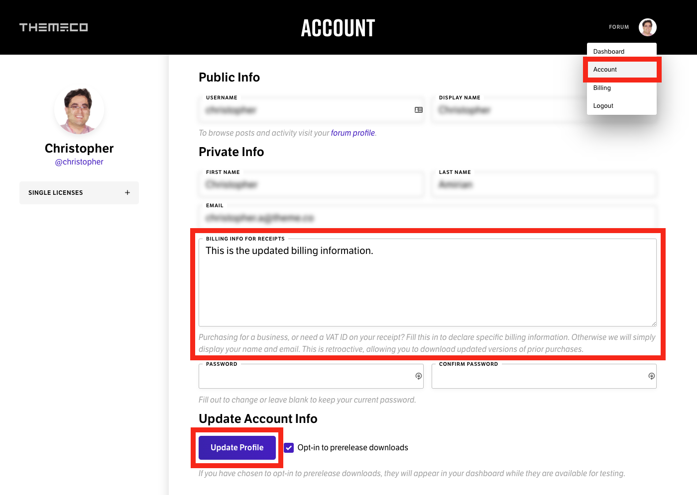 Update Receipt Details Account