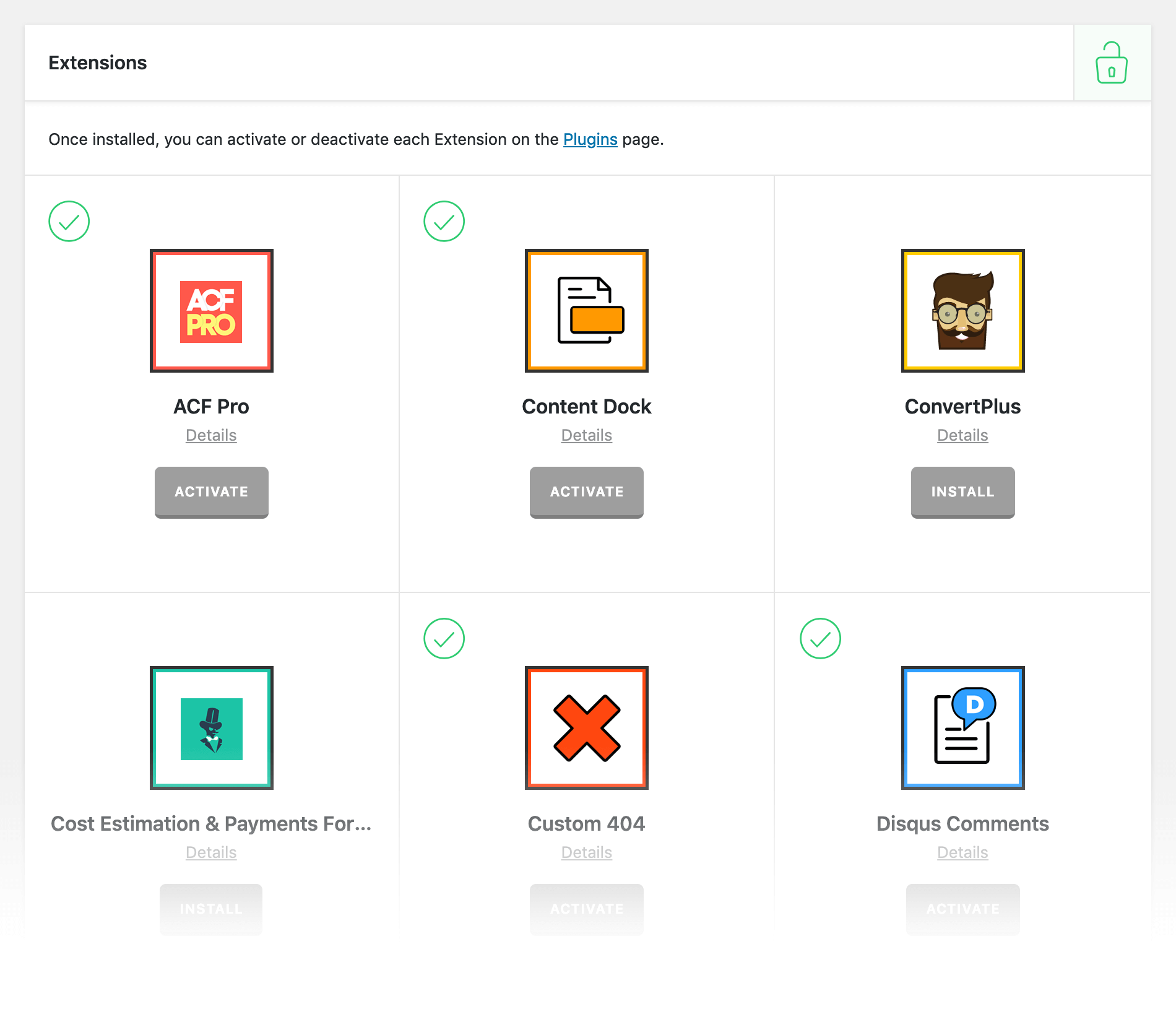 Themeco Extensions List in the WordPress Admin