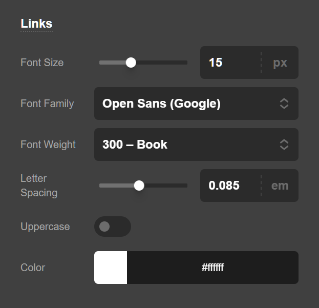 Theme Options Headers Links Settings